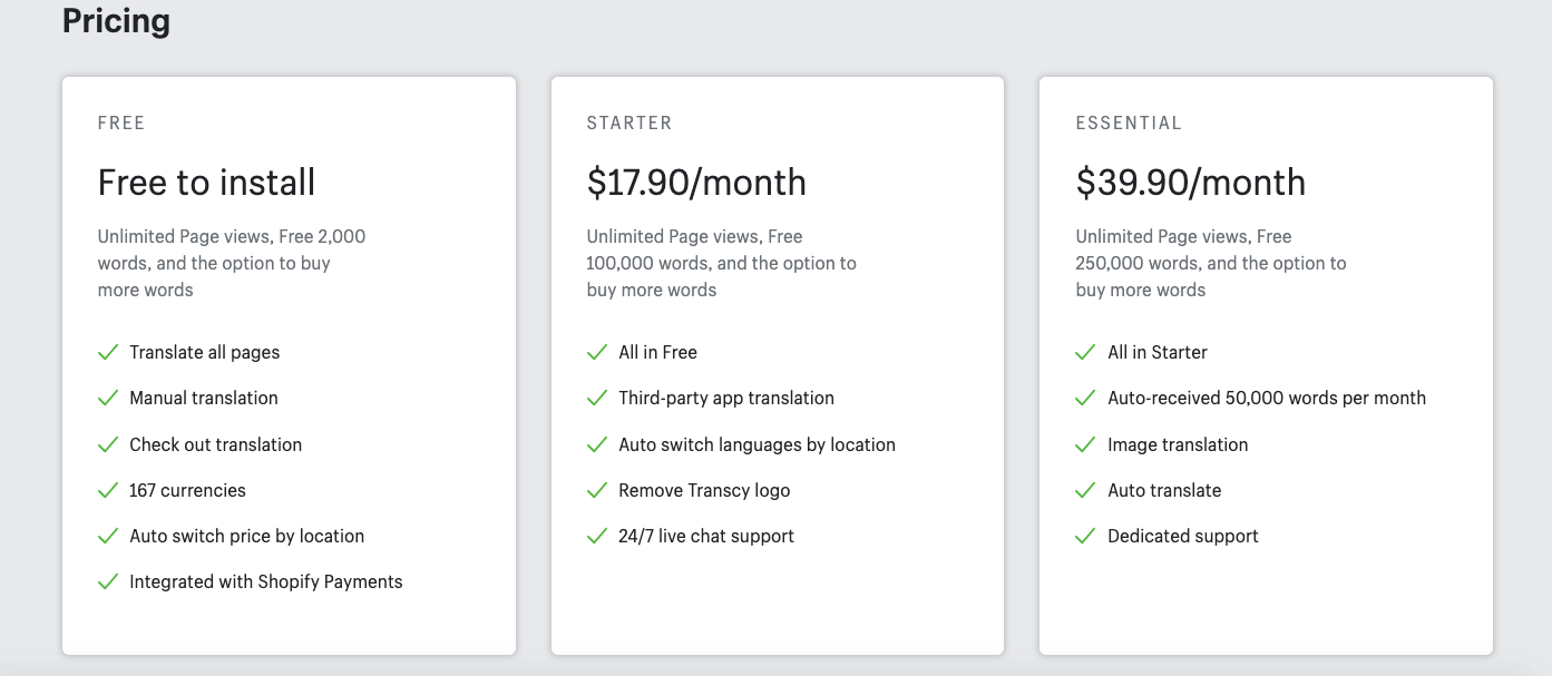 Transcy's pricing plans