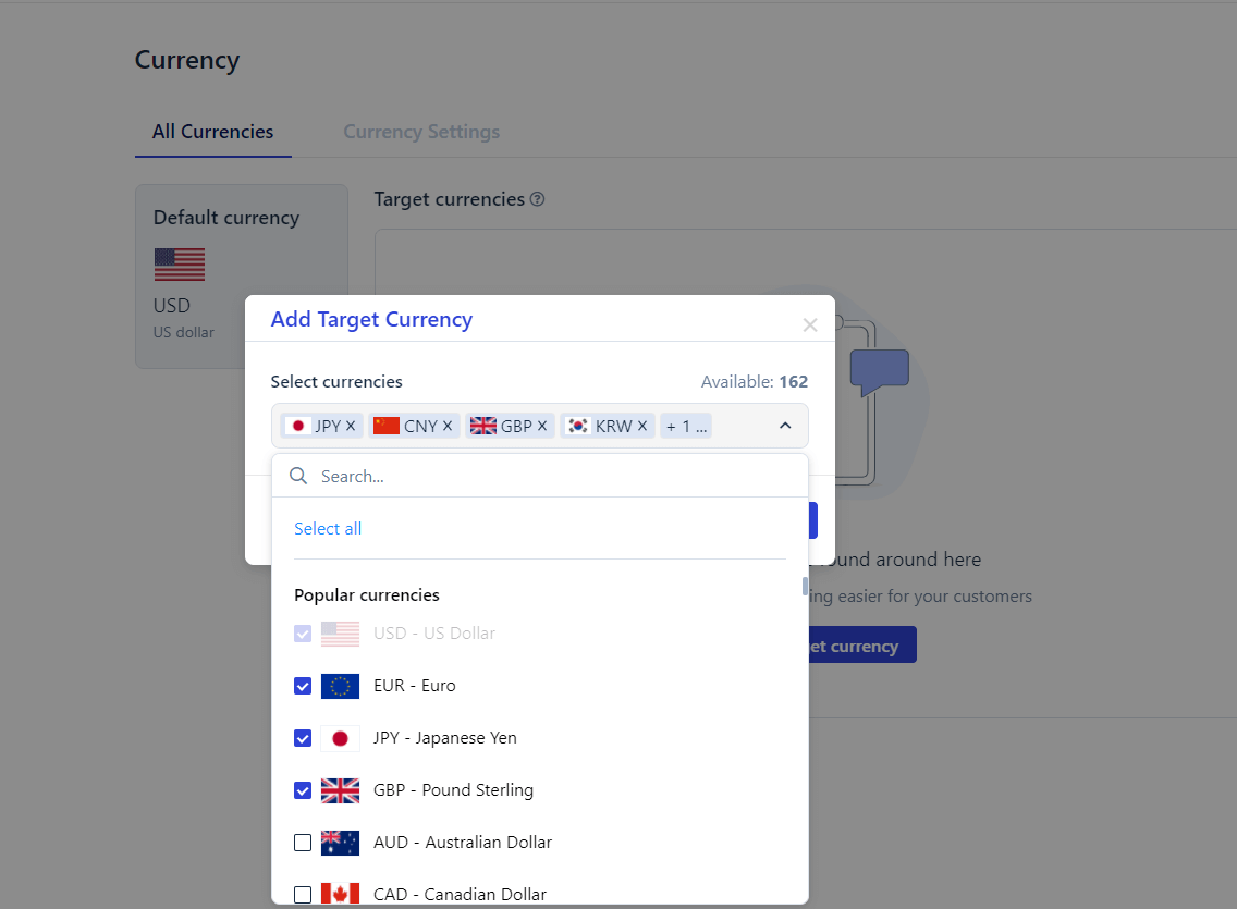 Select target currencies for Shopify change currency