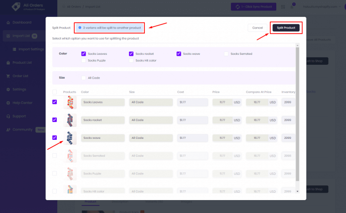 Ali-Order-product-split-list