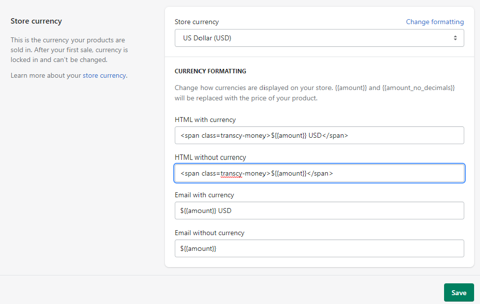 Set up Currency code for Shopify change currency